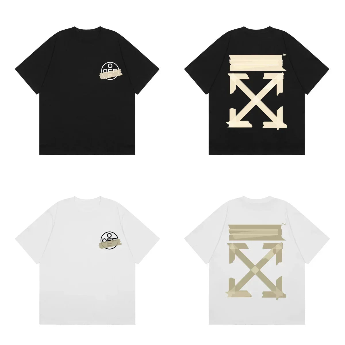 Off-White Beige Warning Tape Arrow Cross Print Short Sleeve T-Shirt